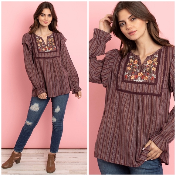 LLOVE Boho Chic Burgundy Striped Embroidered Top - Picture 5 of 9